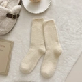 Plush cream white coral fleece mid-calf socks for women in winter home sleep wear - One Size / Beige