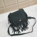 Dark green suede crossbody bag for girls featuring long fringe tassels and a gold buckle - Green