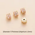 Detail view of 7mm brass spacer beads with pink zircons for DIY jewelry making - Pink Pave Round Cylinder Style (TPJ347-Pink Zirconia) / Gold