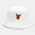Dettaglio del cappello a secchiello in peluche bianco con ricamo di renna - M / Bianco con motivo renna