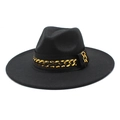 Close-up of black wool felt fedora featuring a decorative thick gold metal chain band - M (56-58cm) / Black