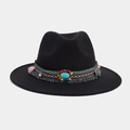Détail du chapeau en feutre noir avec bande ethnique, glands et pierre turquoise - M (56-58cm) / Style 17-Exquis Gland Ethnique Turquoise (AL-BNM9)