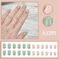 Green and pink press-on nails with white floral patterns and gold accents, 24 pieces set - Mint Green Pink Floral Style (A3295) / 24Pcs [Glue Style]