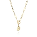 Detail of gold paperclip chain necklace with OT buckle and 3D R-letter pendant - Letter R