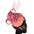 Elegant pink fascinator hat with woven fabric flower and feathers for weddings - Deep Pink