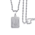 Silver square pendant necklace with letter J engraving and thick twist rope chain - Silver - J