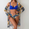 Three-piece bikini set with blue twist top, seashell print bottoms and long sleeve cover-up - One Size / Blue Shell Print Cover Up Only