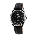 Men's quartz watch with black dial, Roman numerals, date window and black leather strap - Silver Case Black Dial Black Leather Strap (Women)
