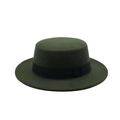 Flat top dark green wool felt boater hat with a black grosgrain ribbon band decoration - 57cm / Coffee Ribbon