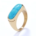 Vintage golden stainless steel wide band ring featuring a large oval blue turquoise stone - Blue Natural Stone + Gold