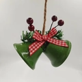 Close-up of green Christmas iron bells with red plaid bow and holly berry details - Green Double Bells (Small)