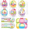 Kit de cestas de Pascua DIY con decoraciones adhesivas de conejos y pollitos coloridos - 24 Tarjetas + 24 Pegatinas + 24 Cintas Blancas / Multicolor