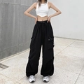 Women's black quick-dry cargo parachute pants in a loose fit with multi-pocket design - S / Black