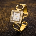 Elegant gold open cuff watch for women with rhinestone-studded square dial and hollow band - White