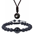 Detailed set featuring braided black lava stone bracelet and polished gemstone necklace - Obsidian Set
