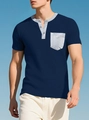 Σκούρο μπλε Henley μπλουζάκι με πλέξη waffle και ανοιχτό γκρι αντίθεση στον γιακά - S / Ναυτικό μπλε