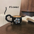 French retro ceramic coffee mug with hand-painted white flowers and thick handle - Black with White Flowers Single Mug / Single Cup