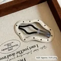 Minimalist beige PU leather hair clip with black stitching, 7cm length stylish BB clip - White Cloud Black Polka Dot