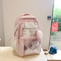 Pink and beige student backpack with rabbit charm and mesh pocket for girls - No Pendant / Pink