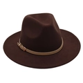 Detail of dark brown wool fedora featuring a slim leather band and gold metal buckle - One Size / Coffee