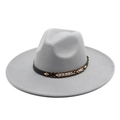 Detail of wide brim gray fedora hat with brown leather band and metallic diamond studs - M(56-58cm) / Light Gray