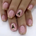 Pink press-on nails with gold glitter French tips and 3D Christmas tree charms. - Pink Gold French 3D Relief Christmas Tree Style (CW422)