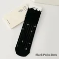 Chaussettes JK noires à pois avec bordure à volants et texture tricotée côtelée - Pois Noirs