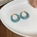 Polka dot heart earrings in blue marble resin with golden hoop and rhinestone - Blue Marble Texture C-Shaped Buckle with Rhinestone (HE22001)