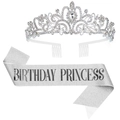 Silver birthday princess crown and glitter sash set for girls party accessory - Silver Jewelry Set