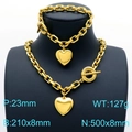 Gold stainless steel heart pendant chunky chain set with OT toggle clasp and dimensions - 2-Piece Set (Necklace + Bracelet) / Gold