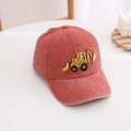 Washed cotton baseball cap for boys featuring yellow excavator embroidery in brick red - 52-54cm / Orange