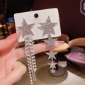 925 silver star earrings with pearls and long tassels in an asymmetrical silver design - Asymmetric Five-Pointed Star Pearl Long Tassel Earrings (E0343)