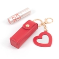 Portable red PU leather lipstick case keychain with heart mirror and gold hardware - No Logo Red