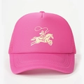 Rose pink trucker hat with gold cowboy embroidery and breathable mesh back view - Adjustable / All Rose Red