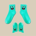 Cyan cotton crew socks set featuring funny embroidered smiley faces for parents and kids - Bright Cyan (Expression 03)