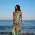 Abito lungo con scollo all'americana e stampa marmorizzata gialla e verde per la spiaggia - S / Tie-Dye Blu-Verde (Colore dell'immagine)