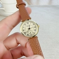 Classic gold roman numeral quartz watch with brown leather strap and beige dial - Brown Strap