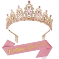 Set aus rosa Glitzer Birthday Girl Schärpe und goldener Kristallkrone für Frauen - Roségold Rosa Kristall (Girl)