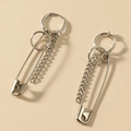 Minimalist silver safety pin earrings with delicate link chains and circular hoops - White K Chain Pin Earrings (S133)