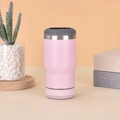 Close-up of pink stainless steel insulated cooler cup with integrated bluetooth speaker - 14oz / Pink Bluetooth Speaker Model