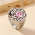 Silver stainless steel ring with a large pink square gemstone and diamond halo set - 6 / Steel (Micro-Pave + Pink Gemstone)