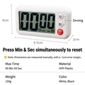 Kitchen timer specifications showing dimensions 9.5x5x2cm and 99-minute max setting - Model 7041 (90dB) / White