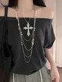 Gothic layered necklace featuring silver cross pendant and white pearls in punk style - Retro Punk Multi-layer Chain Pearl Cross Necklace