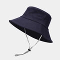 Detail of navy blue bucket hat with adjustable chin cord and reinforced brim stitching - M (56-58cm) / Navy Blue
