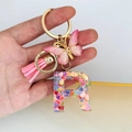 Detail of resin letter R keychain with pink butterfly charm and colorful heart sequins - Butterfly Tassel 8-Shape Buckle / Letter R