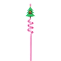 Pink spiral Christmas straw featuring a green Christmas tree topper with festive ornaments - Tree with Text / Pink