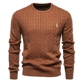 Close-up of giraffe embroidery on brown knit sweater with detailed cable stitch texture - Light Brown