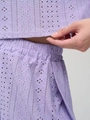 Lavender eyelet pajama set featuring intricate floral cutouts and elastic waistband - S / Purple
