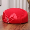 Detail of red wool beret featuring a velvet bow, rhinestone musical note and mesh veil - M (56-58cm) / Red