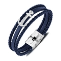 Marineblaues mehrlagiges geflochtenes Lederarmband mit Silberanker und Stahlverschluss - Kunstleder/Edelstahl / Blau